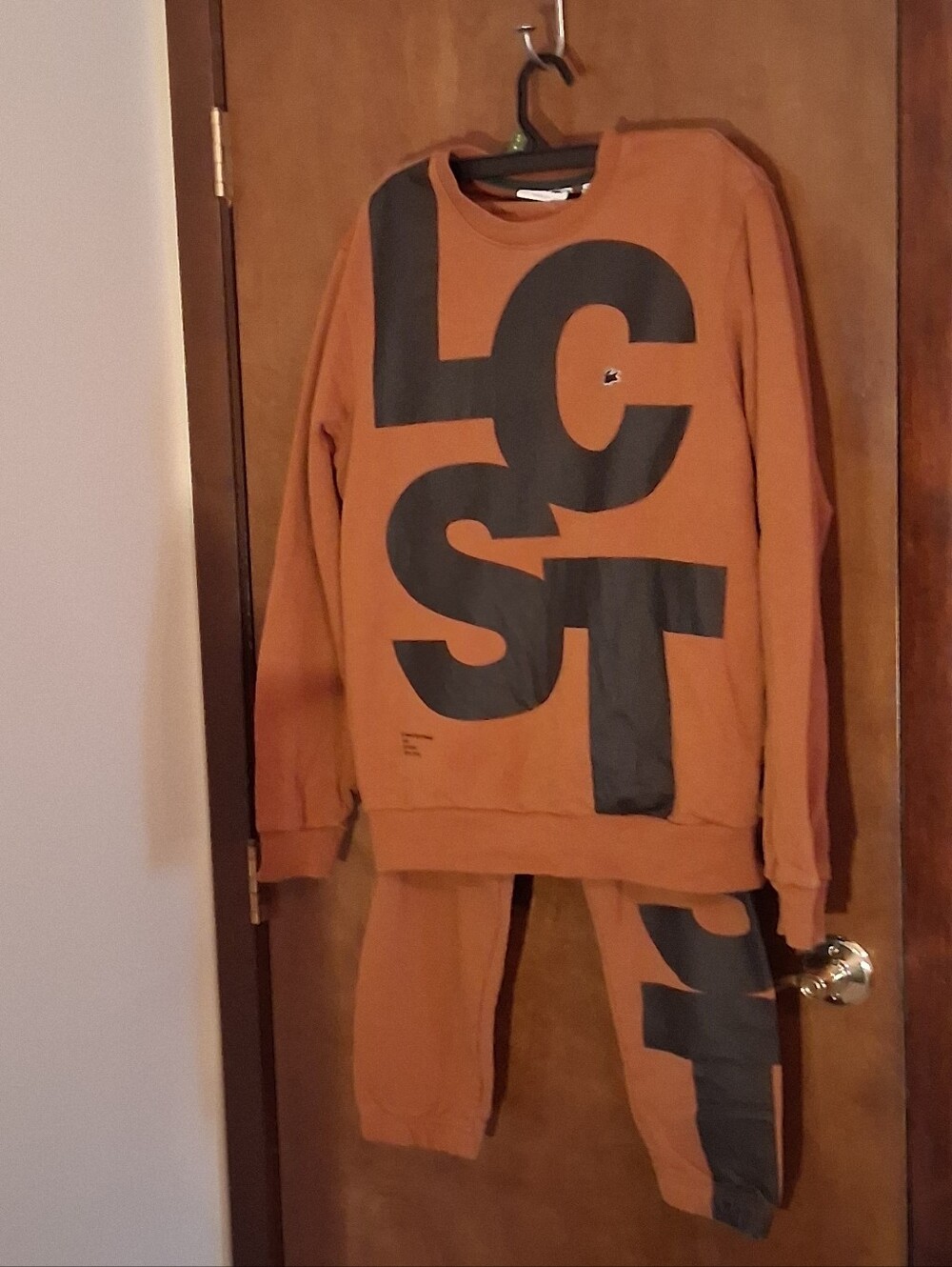 Lacoste Mens L Tracksuit Set Sweatshirt Jogger Pants Big Logo Brown 2 Piece